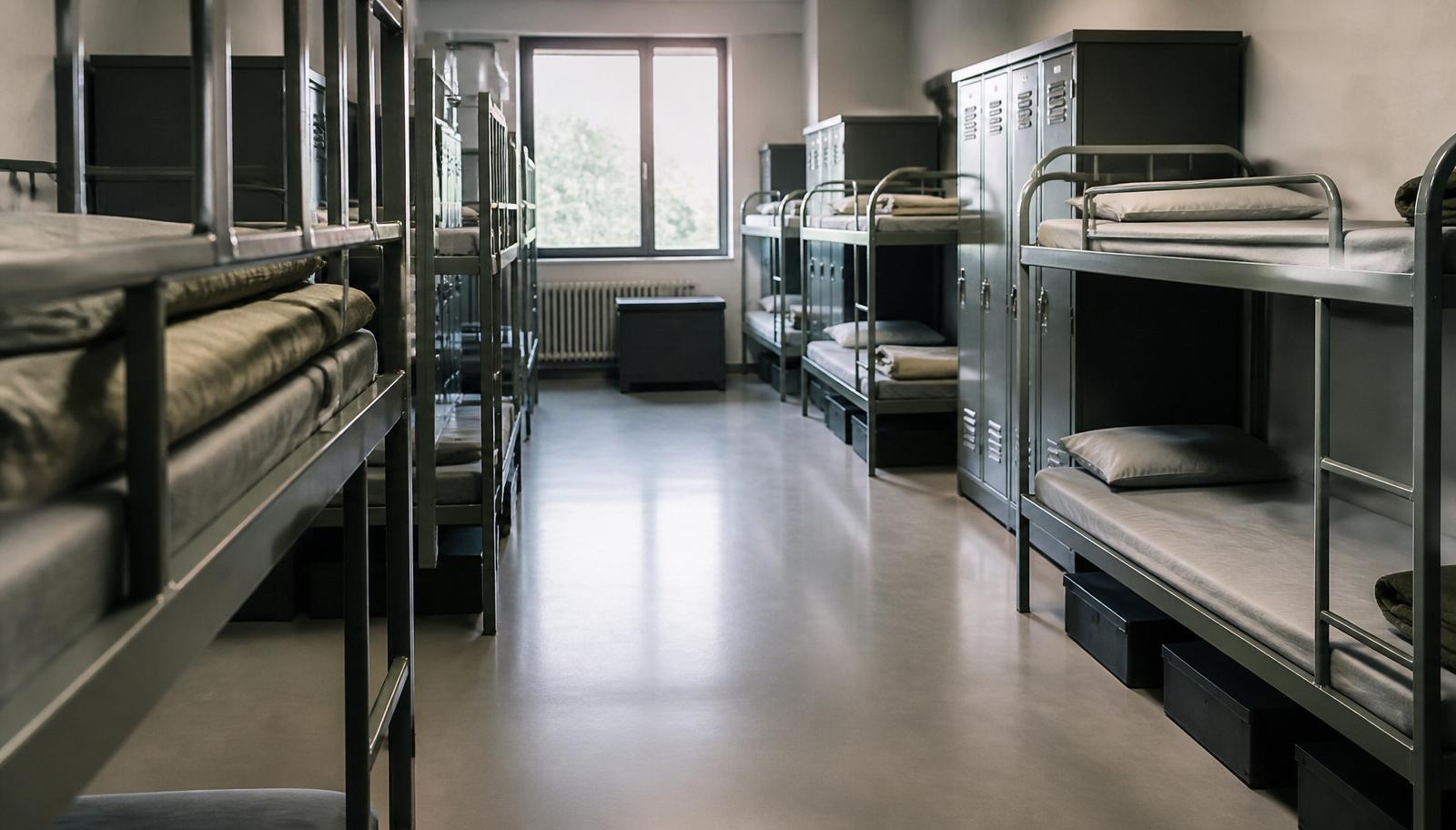 Interior of military barracks with bunk beds and lockers