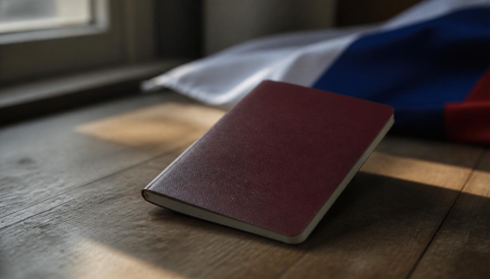 Russian passport with national flag on a wooden desk