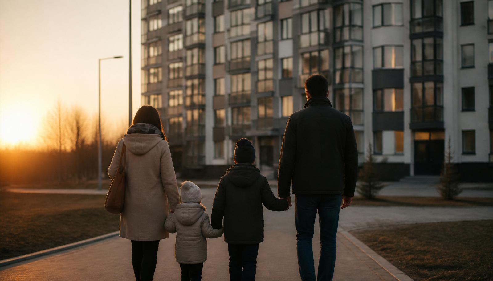 Family walking near an apartment building at sunset