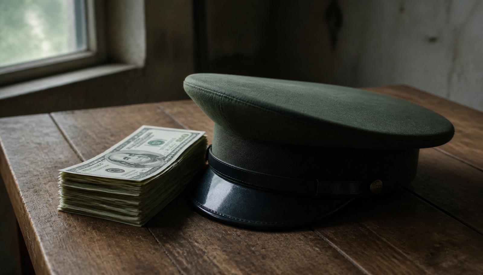 US dollar banknotes next to a military cap