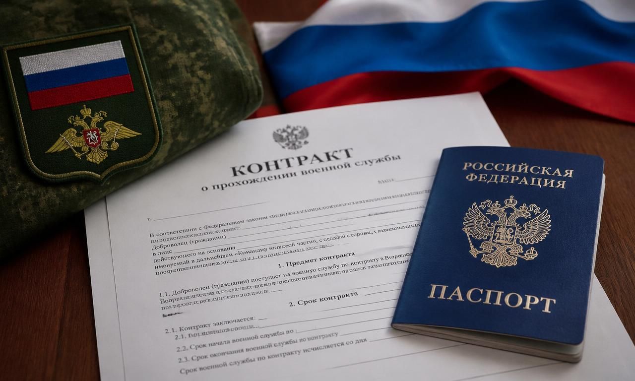 Russian passport and documents on a dark wooden table