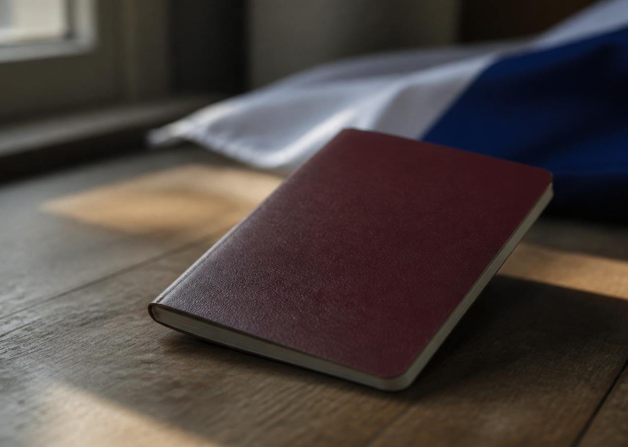 Russian passport with national flag on a wooden desk